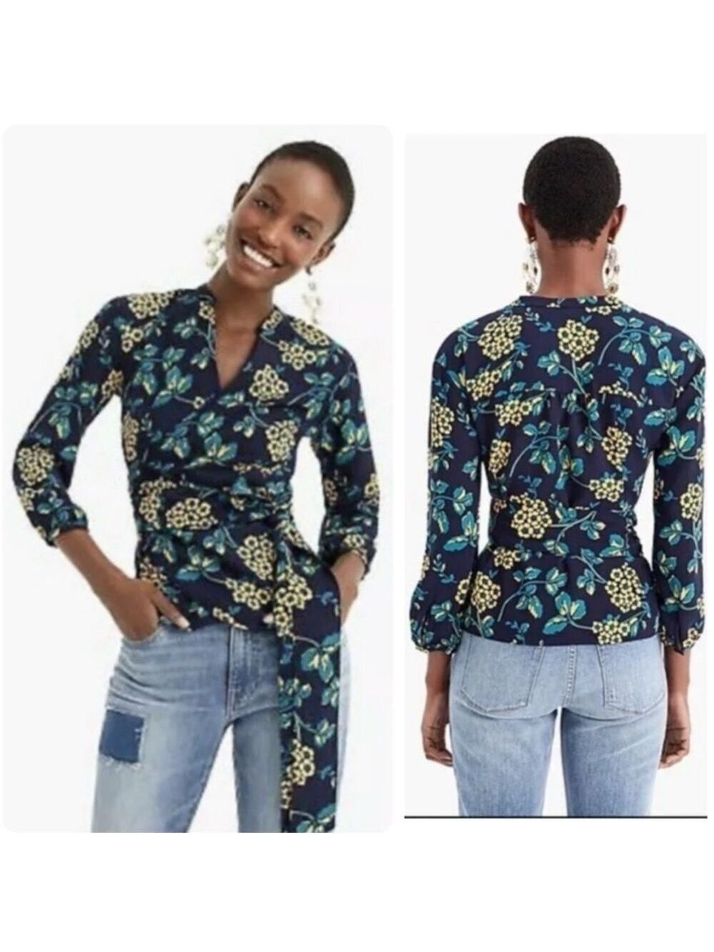 NWT J Crew Floral Wrap Blouse Crepe Navy and Gold Tie Long Sleeve Size XXS NEW